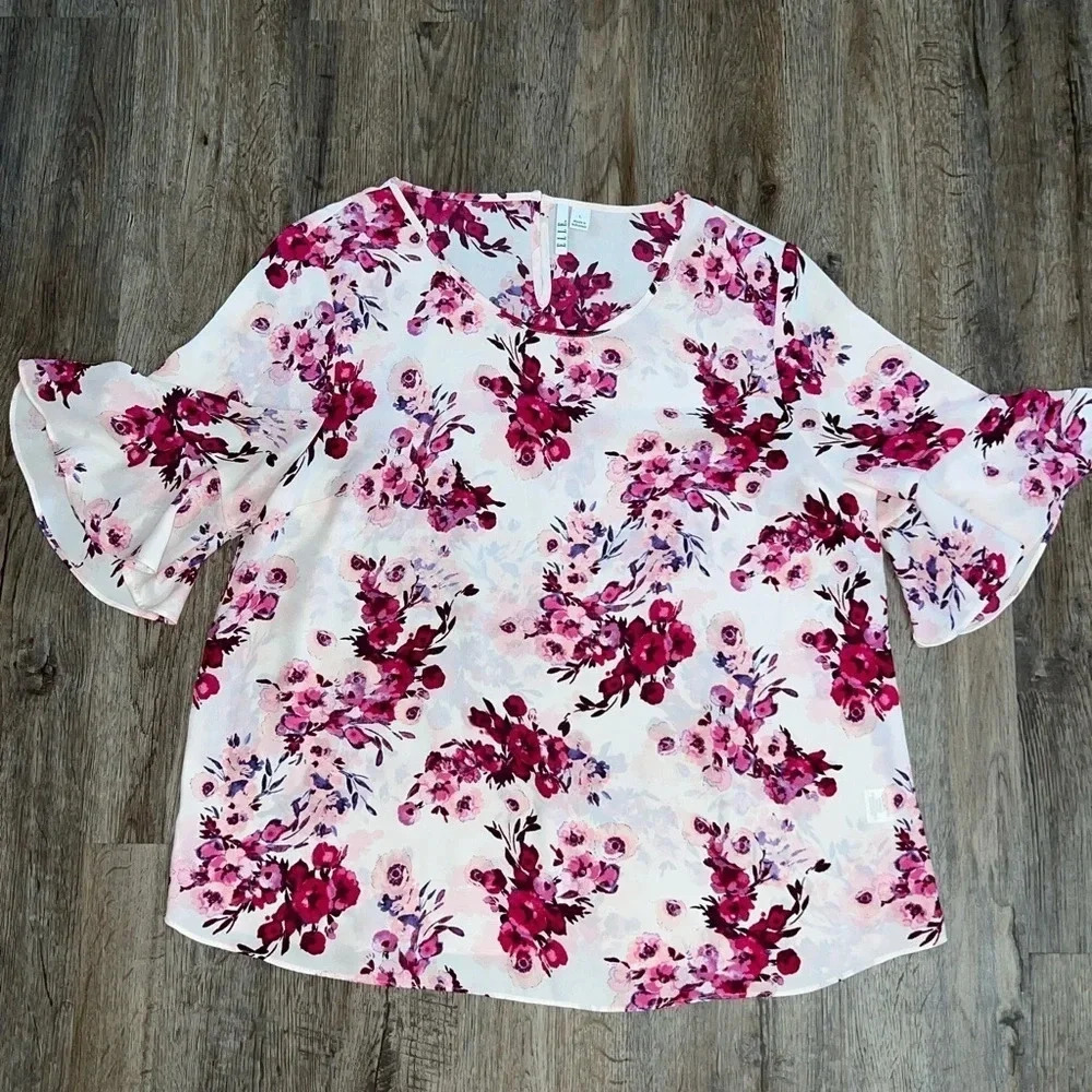Elle Pink Floral Ruffle Sleeve Blouse
